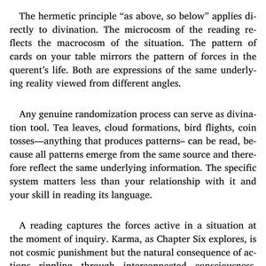 May include: A smartphone screen displays text from a book chapter on divination, discussing the interpretation of symbols and patterns. The text explores concepts like karma and the influence of past actions on the present.