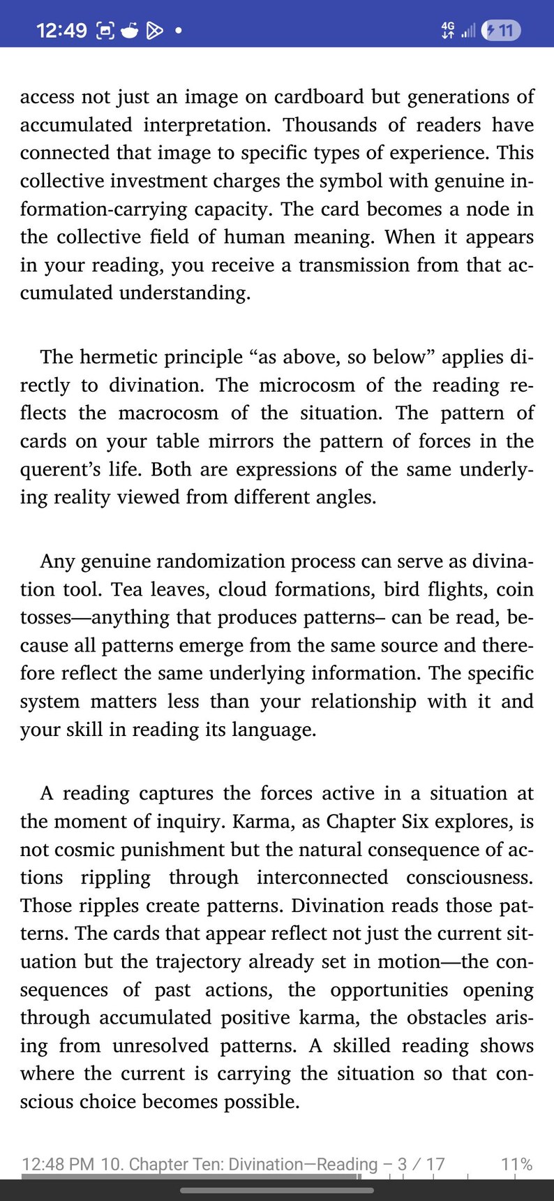 May include: A smartphone screen displays text from a book chapter on divination, discussing the interpretation of symbols and patterns. The text explores concepts like karma and the influence of past actions on the present.