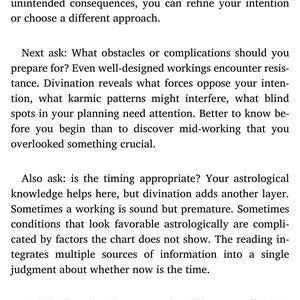 May include: A digital screen displays text from a book chapter titled "Divination-Reading." The text poses questions about outcomes, obstacles, timing, and approaches for a consultation process. The screen shows a 12:49 PM time stamp.