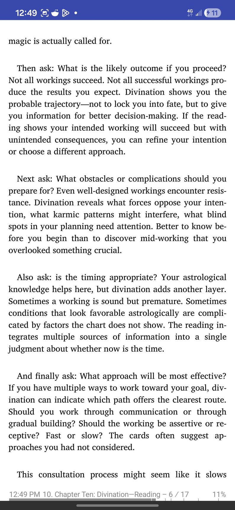 May include: A digital screen displays text from a book chapter titled "Divination-Reading." The text poses questions about outcomes, obstacles, timing, and approaches for a consultation process. The screen shows a 12:49 PM time stamp.