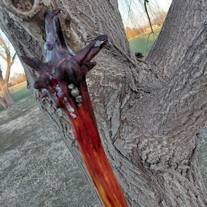 May include: A handcrafted wooden walking stick with a dark brown, textured top adorned with colorful gemstones. The shaft transitions to a vibrant red hue, creating a striking contrast. The staff is set against a natural tree backdrop.