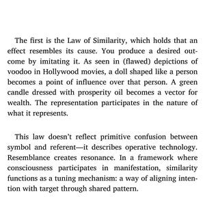 May include: A smartphone screen displays text from a book chapter on Sympathetic Magic. The text discusses the Law of Similarity and the Law of Signatures, with examples like a doll representing a person and heart-shaped leaves.