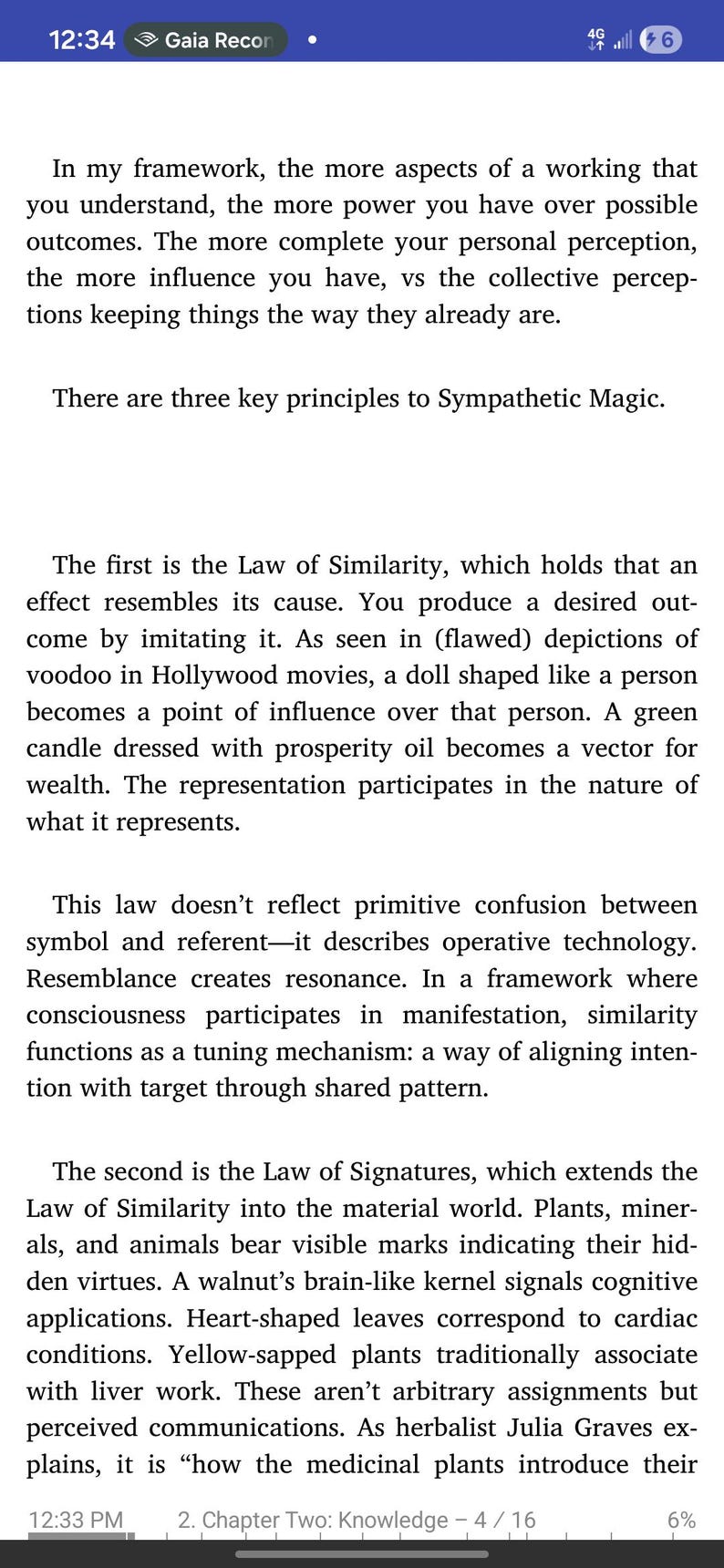 May include: A smartphone screen displays text from a book chapter on Sympathetic Magic. The text discusses the Law of Similarity and the Law of Signatures, with examples like a doll representing a person and heart-shaped leaves.
