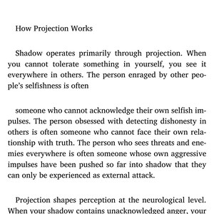 May include: A digital image of a book page with black text on a white background. The text discusses shadow work, projection, and psychological concepts. The page includes the title "How Projection Works."