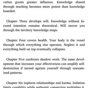 May include: A mobile phone screenshot displays text outlining the chapters of a book. The text includes chapter titles and brief descriptions, covering topics like knowledge, health, relationships, and wealth. The screen shows the time and a battery indicator.