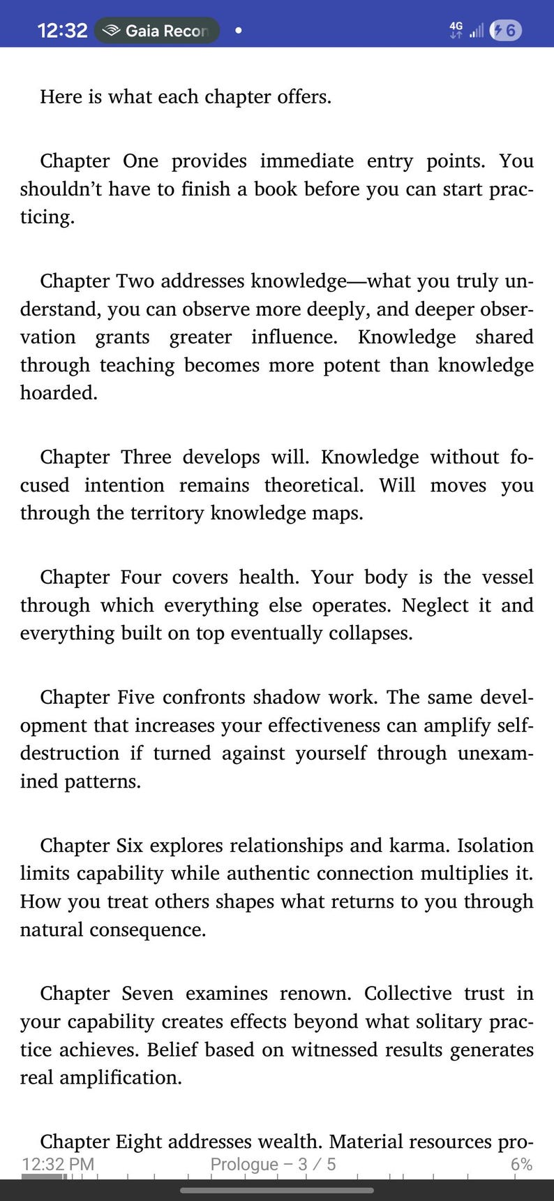 May include: A mobile phone screenshot displays text outlining the chapters of a book. The text includes chapter titles and brief descriptions, covering topics like knowledge, health, relationships, and wealth. The screen shows the time and a battery indicator.