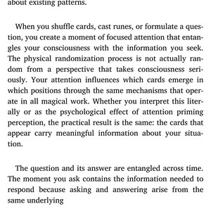 May include: A smartphone screen displays text from a book chapter titled "How Divination Actually Works." The text discusses divination, consciousness, and patterns. The page number is 2/17.