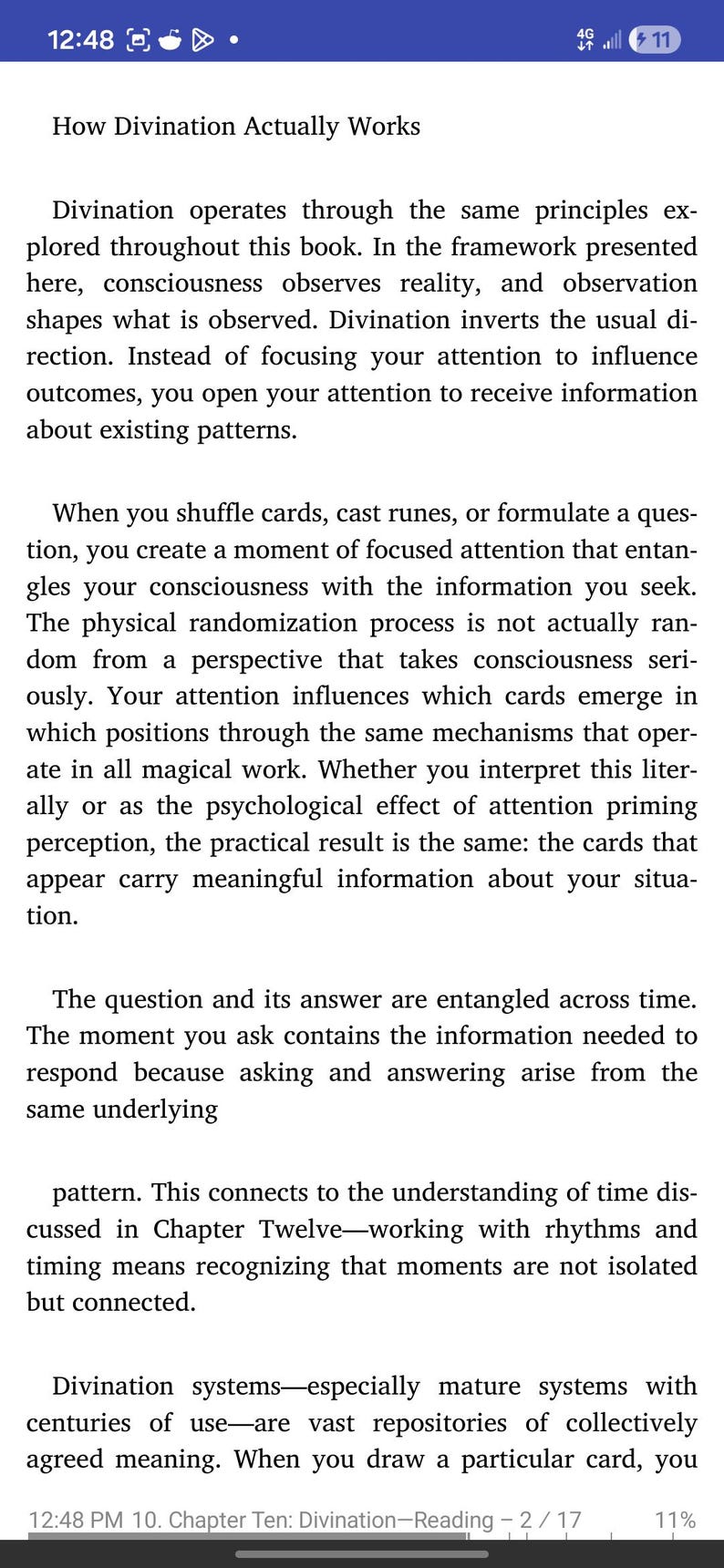 May include: A smartphone screen displays text from a book chapter titled "How Divination Actually Works." The text discusses divination, consciousness, and patterns. The page number is 2/17.