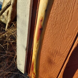 K&ouml;nnte beinhalten: Axtstiel aus hellem Holz mit einem rotbraunen Abschnitt. Der Griff ist leicht gebogen und vor einer strukturierten, rotbraunen Holzoberfl&auml;che und einer wei&szlig; lackierten Holzoberfl&auml;che platziert.