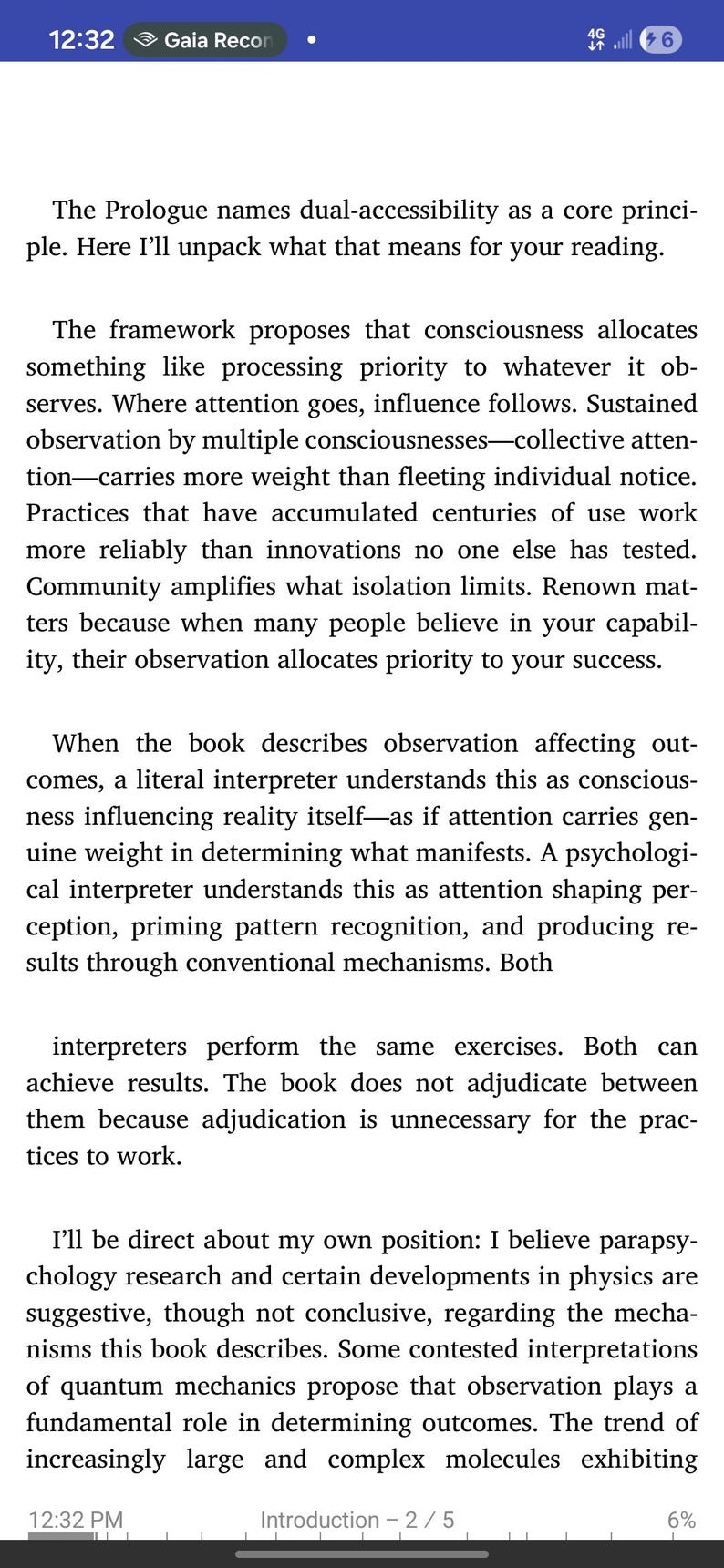 May include: A mobile phone screen displays text from a book, with the title "Introduction - 2/5" at the bottom. The text discusses consciousness, observation, and interpretation, with the time 12:32 PM visible.