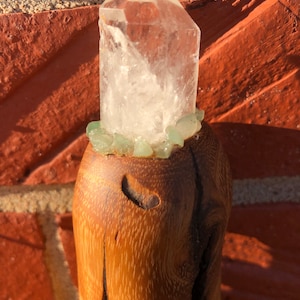 Lucky Growth Black Locust Wizard Staff with clear quartz crystal point and crushed green aventurine.