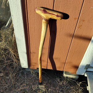 K&ouml;nnte beinhalten: Ein handgefertigter Holzspazierstock mit gebogenem Griff. Der Griff ist hellbraun mit rot-violetten Akzenten. Der Schaft ist ein hellerer Braunton. Der Stock lehnt an einer braunen Holzwand.