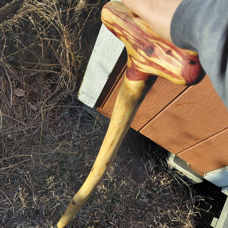 K&ouml;nnte beinhalten: Handgefertigter Holz-Spazierstock mit T-f&ouml;rmigem Griff. Der Griff weist ein rotbraunes und gelbes Maserungsmuster auf, w&auml;hrend der Schaft eine hellere, nat&uuml;rliche Holzfarbe hat. Der Stock ist f&uuml;r Halt und Gleichgewicht konzipiert.