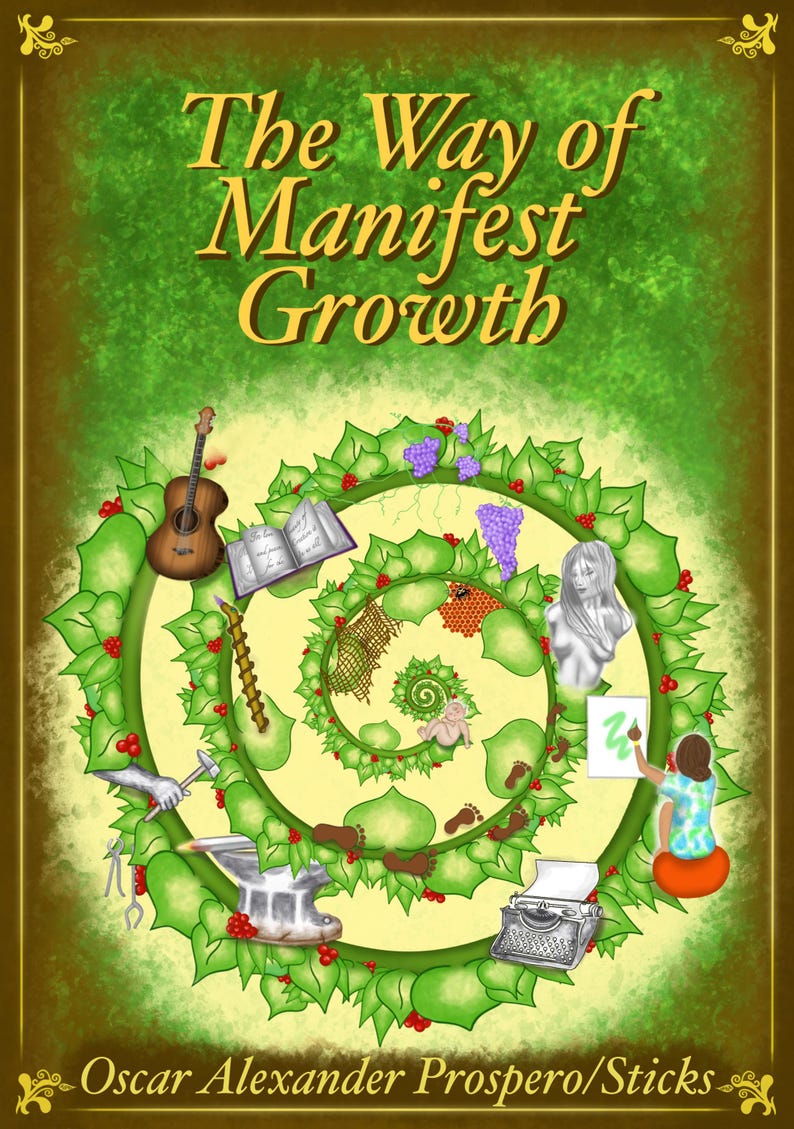 May include: Book cover illustration with the title "The Way of Manifest Growth" in gold lettering. A green spiral design features various elements like a guitar, open book, grapes, a sculpture, and a person painting. The author's name is at the bottom.