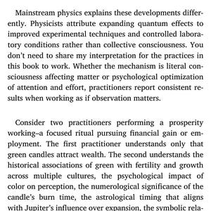 May include: A smartphone screen displays text from a book chapter on knowledge and consciousness. The text discusses quantum physics, collective belief, and the influence of practitioners. The time is 12:33 PM.