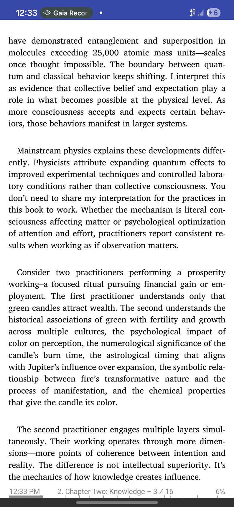 May include: A smartphone screen displays text from a book chapter on knowledge and consciousness. The text discusses quantum physics, collective belief, and the influence of practitioners. The time is 12:33 PM.