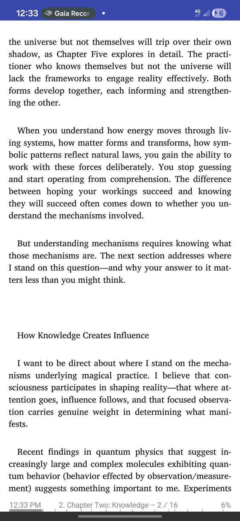 May include: A mobile phone screen displays text from a book chapter titled "Chapter Two: Knowledge." The text discusses understanding mechanisms and how knowledge creates influence. The screen shows a 6% progress bar.