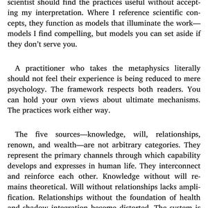 May include: A smartphone screen displays text from a book, with the title "Introduction - 3/5" visible at the bottom. The text discusses quantum behavior, metaphysics, and the five sources of knowledge.