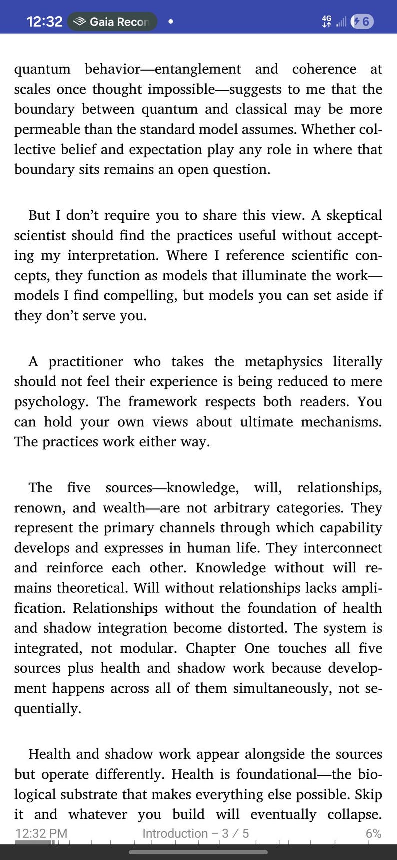 May include: A smartphone screen displays text from a book, with the title "Introduction - 3/5" visible at the bottom. The text discusses quantum behavior, metaphysics, and the five sources of knowledge.