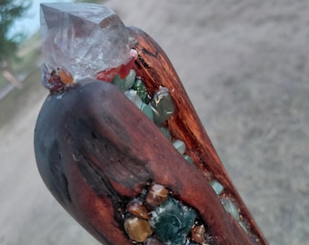 Black Walnut Crystal Staff – Tiger Eye, Amethyst, Lapis, Aventurine, Carnelian, Quartz Point