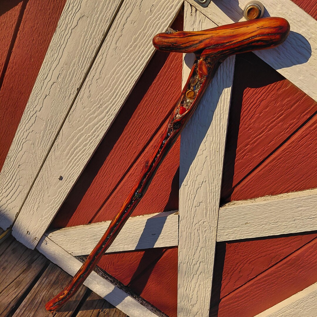 Osage Orange Crystal Walking Cane - Amber Petrified Wood Lapis Lazuli ...