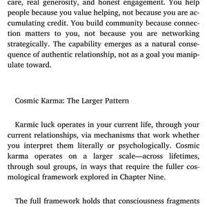 May include: A smartphone screen displays text from a book chapter titled "6. Chapter Six: Relationships." The text discusses relationships, karma, and consciousness. The screen shows a white background with black text.