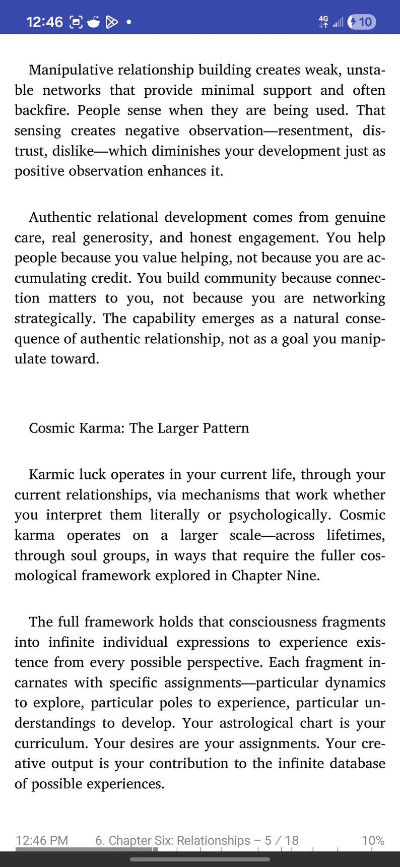 May include: A smartphone screen displays text from a book chapter titled "6. Chapter Six: Relationships." The text discusses relationships, karma, and consciousness. The screen shows a white background with black text.