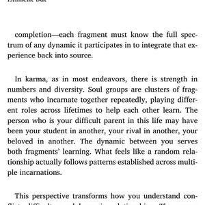 May include: A smartphone screen displays text from a book chapter on relationships and karma. The text discusses cosmic karma, soul groups, and understanding conflict. The screen shows the time, battery, and signal strength.