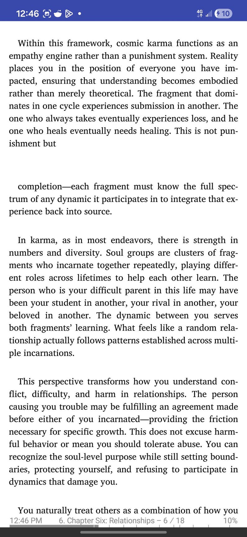 May include: A smartphone screen displays text from a book chapter on relationships and karma. The text discusses cosmic karma, soul groups, and understanding conflict. The screen shows the time, battery, and signal strength.