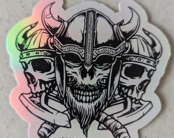 Adesivo vichingo con triplo teschio, adesivo con teschio di guerriero norreno con asce e barba, regalo pagano nordico per il Valhalla, adesivo per borraccia per laptop