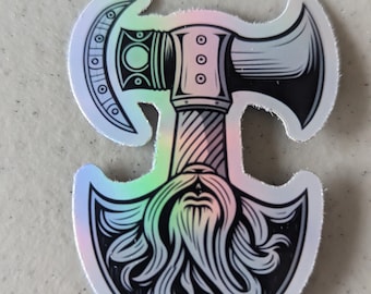 Pegatina de hacha vikinga con barba: símbolo pagano nórdico, holográfica o blanca