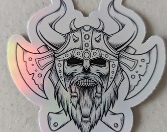 Pegatina de calavera vikinga con barba y hacha - Calcomanía holográfica de guerrero nórdico