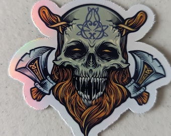 Pegatina de calavera vikinga: Calcomanía colorida de guerrero nórdico