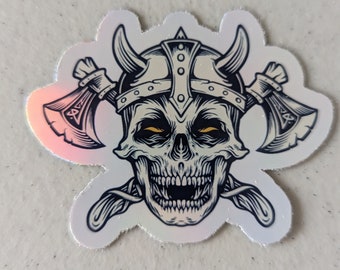 Pegatina de guerrero vikingo con calavera: diseño de casco con hacha de la mitología nórdica