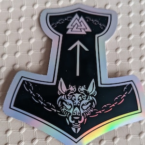 Fenrir Viking Sticker – Norse Mythology Mjölnir Hammer Decal with Runes | Nordic Wolf Laptop or Water Bottle Sticker | Holographic Sticker
