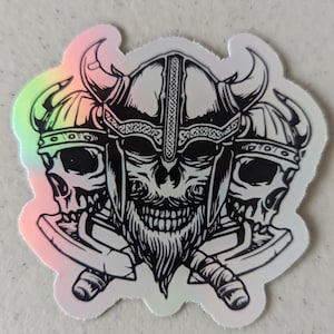 Triple Skull Viking Sticker, Norse Warrior Skull Decal with Axes & Beard, Nordic Pagan Valhalla Gift, Laptop Water Bottle Sticker