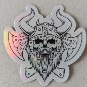 Viking Skull with Beard and Axe Sticker, Norse Pagan Nordic Warrior Decal, Laptop Sticker, Valhalla Gift, Holographic or White