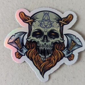 Colorful Viking Skull Sticker with Axe and Beard – Norse Pagan Warrior, Nordic Gift, Laptop Decal, Valhalla Water Bottle Sticker