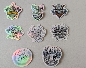 Paquete de pegatinas vikingas nórdicas: Guerreros calavera, Valquiria, Mjolnir