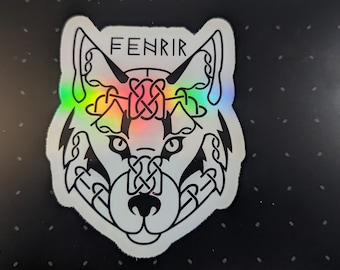 Pegatina de Fenrir, lobo nórdico - Runa vikinga, regalo pagano nórdico / Calcomanía para portátil o botella de agua / Mitología nórdica holográfica / Blanco