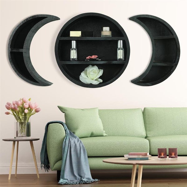 Moon Shelf For Wall | Wooden Hanging shelves | Crystal Wooden Crescent Moon Shelf | Essential Oil Floating Half Moon Shelf