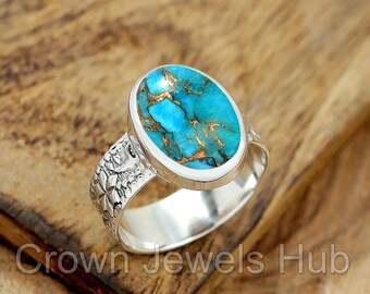 ブルーコッパーターコイズデザイナーバンドリング：925スターリング