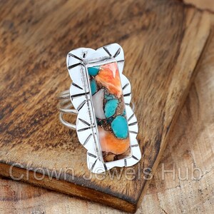 Oyster Copper Turquoise Ring, 925 Sterling Silver Ring, Textured Ring, Statement Ring, Rectangle Stone Ring, Three Band Ring, Promise Ring