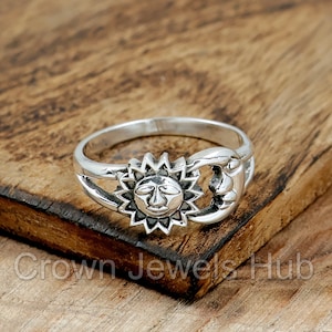 Sun and Moon Ring, Crescent Moon and Sun Ring, 925 Sterling Silver Ring, Sun & Moon Silver Ring, Silver Moon Ring, Moon Face Ring, Sun Ring