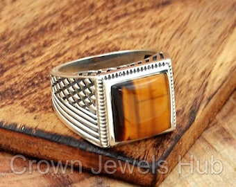 Tiger Eye Men&#39;s Ring, 925 Sterling Silver Mens Ring, Men&#39;s Wedding Ring, Handmade Men&#39;s Ring, Tiger Eye Ring, Silver Ring, Gift for Husband