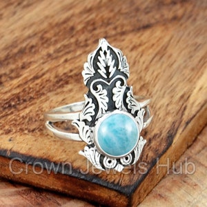 Larimar Ring, 925 Sterling Silver Ring, Dainty Ring, Long Ring, Leaf Ring, Designer Ring, Statement Ring, Handmade Ring, Gift For Her