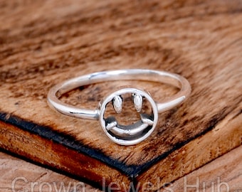 Anello con faccina sorridente fatto a mano, argento sterling 925