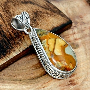 Rocky Butte Picture Jasper Pendant, 925 Sterling Silver Pendant, Handmade Filigree Pendant, Boho and Hippie Jewelry, Silver Pendant Necklace