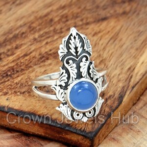 Blue Chalcedony Ring, Handmade Silver Long Ring, 925 Sterling Silver Ring, Designer Long Ring, Engagement Ring, Ring for Girlfriend