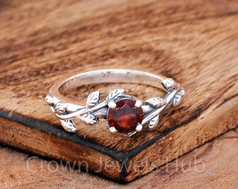 Twig with Leaf Ring, Natural Garnet Ring, Garnet Wedding Ring, Tree of Life Ring, Garnet Silver Ring, 925 Sterling Silver Ring, Nature Ring